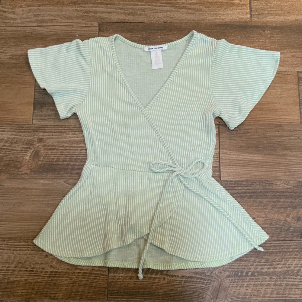 Free People Caution To The Wind Women Small Green Flutter Sleeve Wrap Blouse
